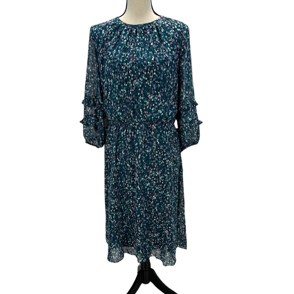 London Times Long Sheer Sleeve Abstract Print Midi Dress - Blue Teal - size 14P